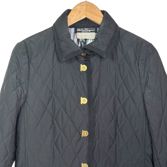 Salvatore Ferragamo Size 8 Black Logo Snap Quilted Zebra Print Lined Jacket - Picture 2 of 9